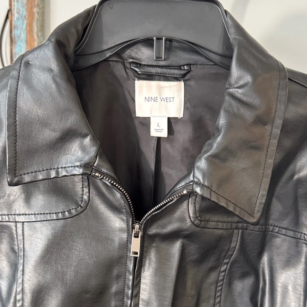 Nine West Black Faux Leather Bomber Jacket with Zip Pockets L